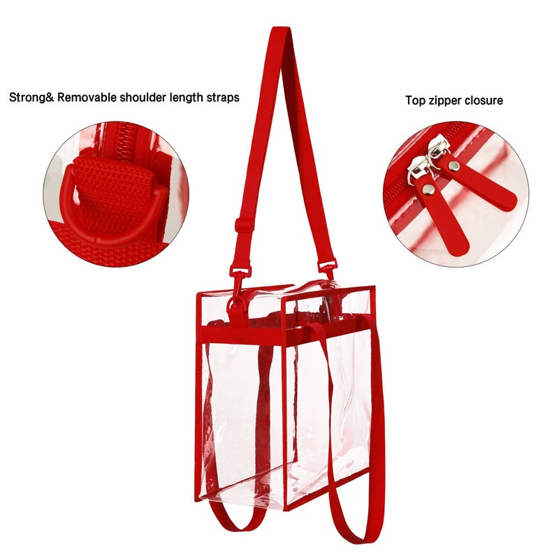 BAGAIL Clear Bags 12x6x12 Stadium Approved Clear Tote Bag with Zipper Closure Crossbody Shoulder Bag with Adjustable Strap(Red) - Image 2